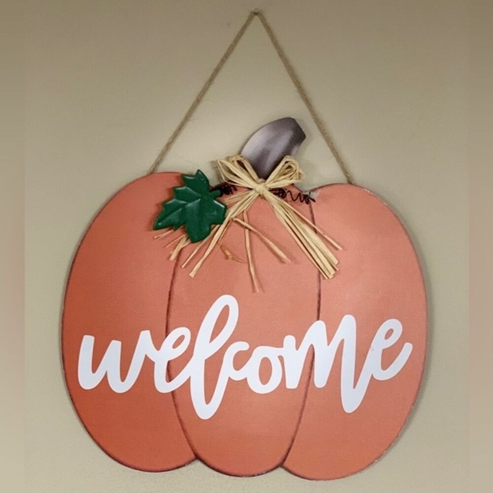 Pumpkin Welcome Fall Home Decor Wall Hanging Painted Orange Sign Art Halloween